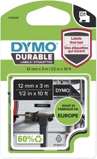 Dymo duurzame D1 tape 12 mm x 3 m, wit op zwart