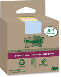 Post-it Super Sticky Notes Recycled, 70 vel, 76 x 76 mm, assorti, 3 + 1 GRATIS