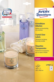 Avery transparante Crystal Clear etiketten 63,5 x 38,1 mm, 525 etiketten, 21 per vel
