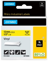 Dymo RHINO vinyltape 12 mm, zwart op geel