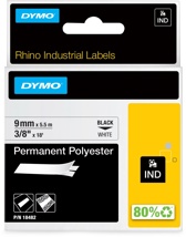 Dymo RHINO permanente polyester tape 9 mm, zwart op wit
