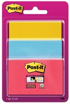 Post-it Super Sticky notes, 45 vel, 3 formaten, geassorteerde kleuren , op blister