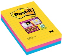 Post-it Super Sticky notes XXL Carnival, 90 vel, 101 X 152 mm, gelijnd, assorti kleuren, pak van 3