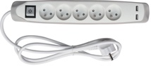 Perel contactdoos met 5 stopcontacten, 2 USB en schakelaar, 1,5 m, wit/grijs, voor NL