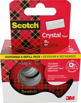 Scotch Crystal Tape plakband 19 mm x 7,5 m, dispenser + 3 rolletjes, ophangbaar doosje