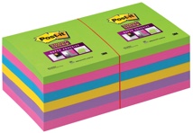 Post-it Super Sticky notes, 90 vel, 76 x 76 mm, pak van 12 blokken, geassorteerde kleuren