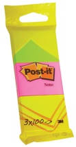 Post-it Notes, 100 vel, 38 x 51 mm, blister van 3 blokken in neongeel, guava roze en neongroen