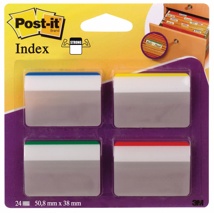 Post-it Index Strong, 50,8 x 38 mm, voor hangmappen, set van 24 tabs, 4 kleuren, 6 tabs per kleur