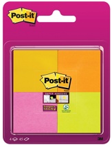 Post-It Super Sticky notes, 45 vel, 47,6 x 47,6 mm, blister van 4 blokken in geassorteerde kleuren