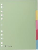 Pergamy tabbladen A4, 11-gaatsperforatie, karton, geassorteerde pastelkleuren, 5 tabs