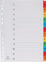 Pergamy tabbladen met indexblad, A4, 11-gaatsperforatie, geassorteerde kleuren, set 1-12