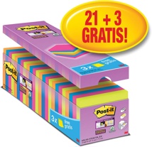 Post-it super Sticky notes, 90 vel, 76 x 76 mm, geassorteerde kleuren, pak van 21 blokken + 3 gratis