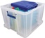 Bankers Box opbergdoos 48 liter, transparant met blauwe handvaten, per stuk verpakt in karton