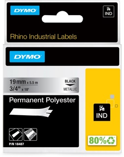 Dymo RHINO tape permanent polyester 19 mm, zwart op metaal