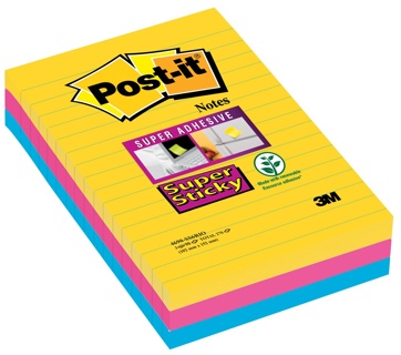 Post-it Super Sticky notes XXL Carnival, 90 vel, 101 X 152 mm, gelijnd, assorti kleuren, pak van 3