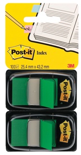 Post-it index standaard, 24,4 x 43,2 mm, houder met 2 x 50 tabs, groen