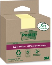 Post-it Super Sticky Notes Recycled, 70 vel, 76 x 76 mm, geel, 3 + 1 GRATIS